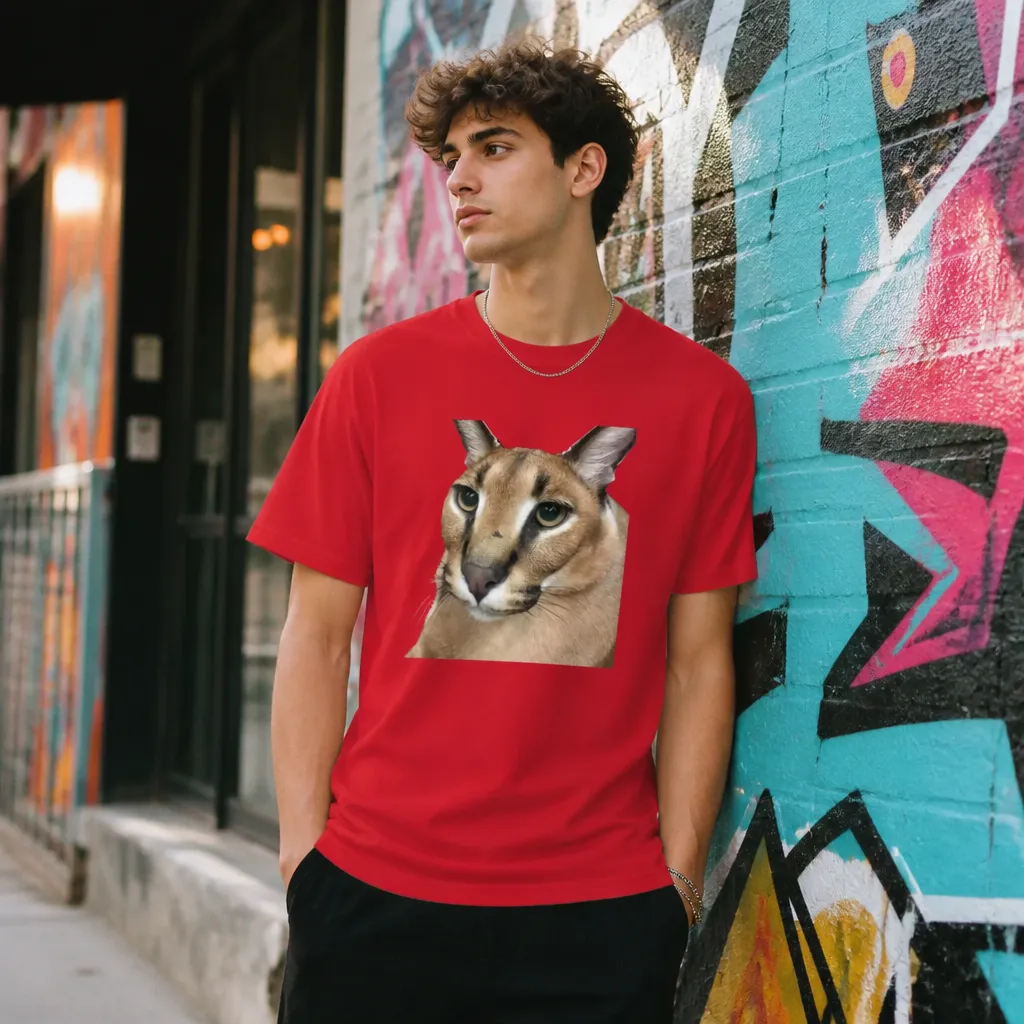 Model wearing Big Floppa Meme Tee T-Shirts in Black