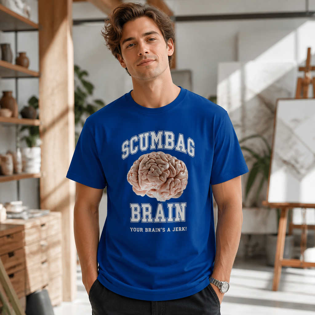 Model wearing Scumbag Brain Meme Tee - Your Brain's a Jerk! T-Shirts in Black