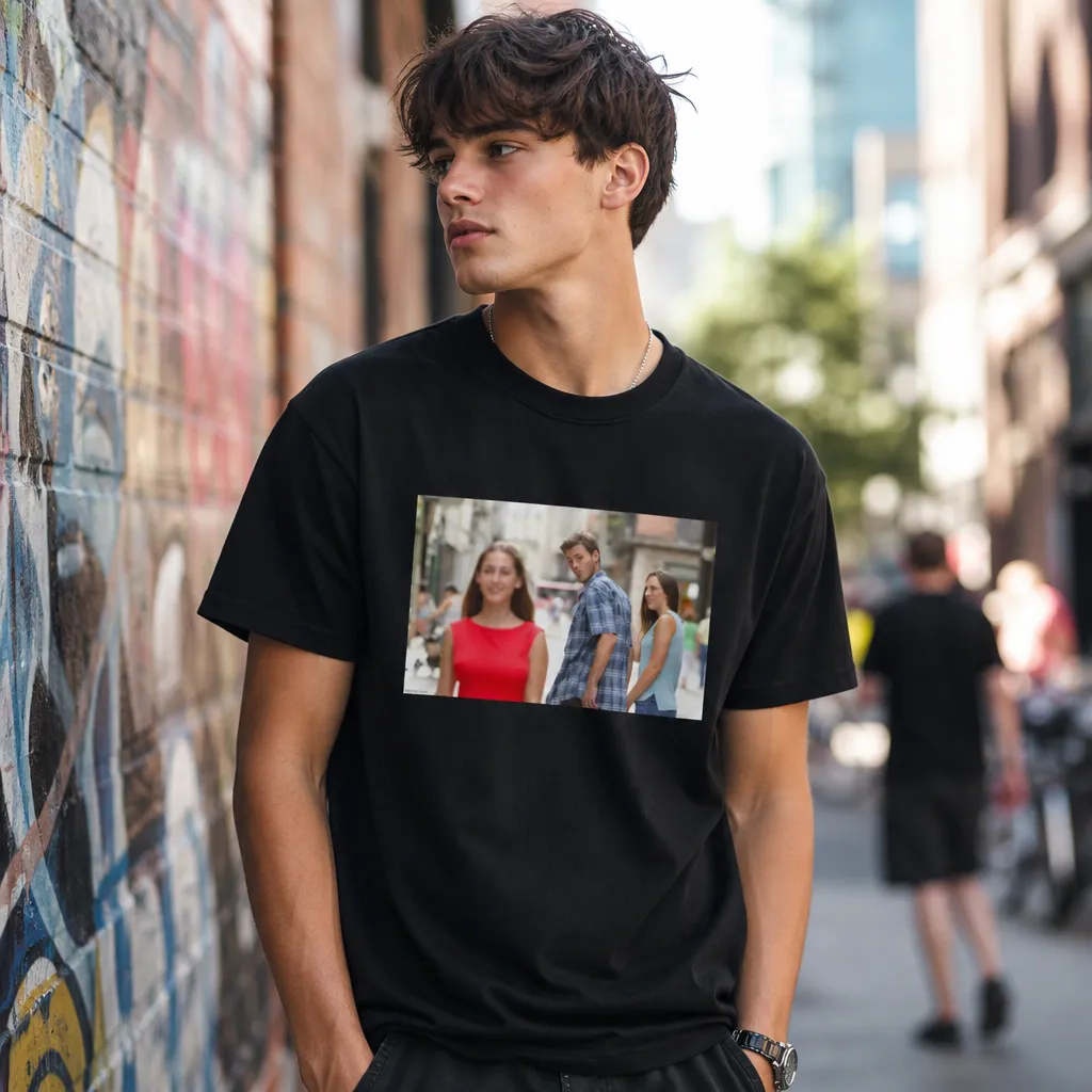Model wearing Distracted Boyfriend T-Shirt T-Shirts in White