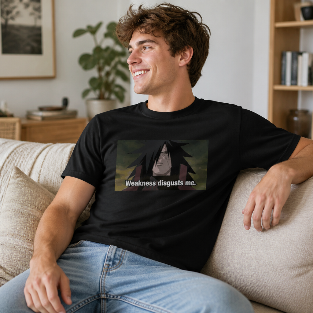 Model wearing "Weakness Disgusts Me" Meme Tee T-Shirts in Black