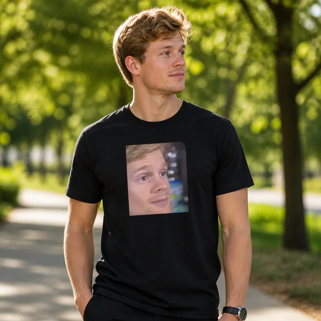 Model wearing Wait, What? Blinking Guy Meme T-Shirt T-Shirts in Black