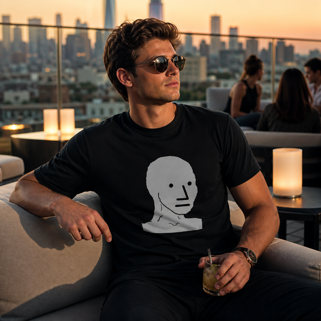 Model wearing NPC Wojak T-Shirt T-Shirts in Black