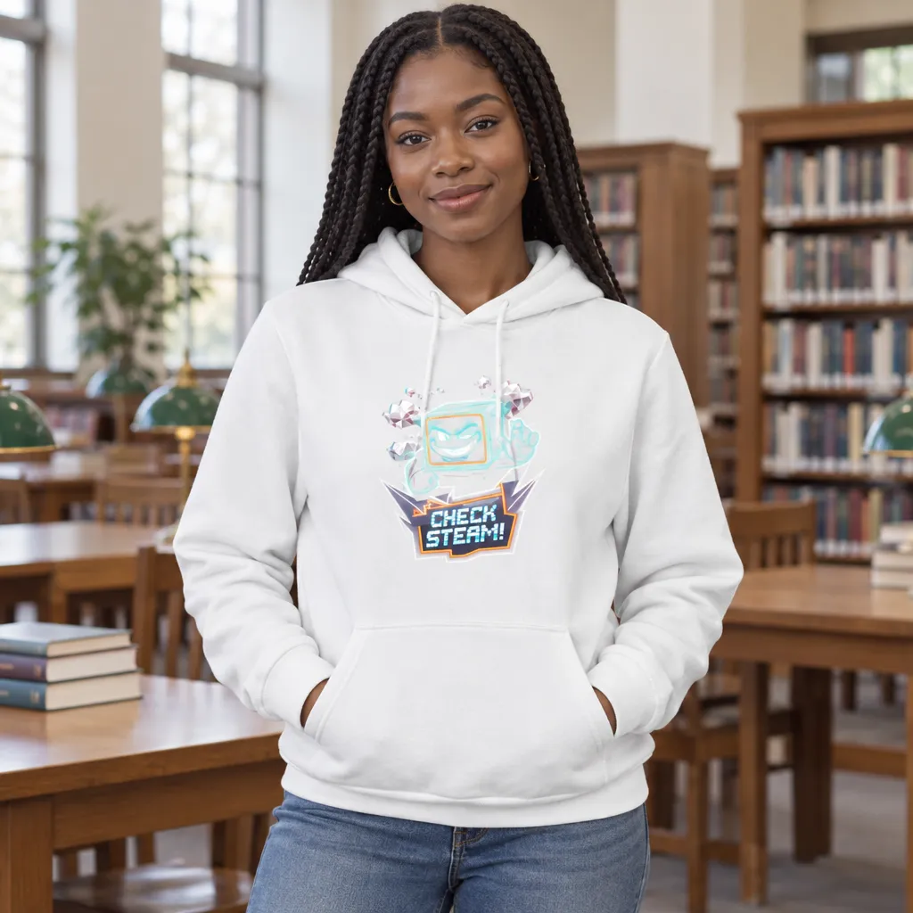 Model wearing Check Steam Funny Gaming Hoodie Hoodies in White