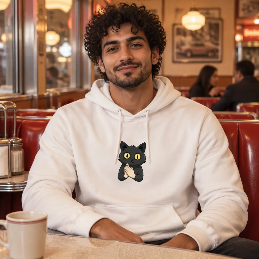 Model wearing Black Cat Clapping Meme Hoodie Hoodies in White