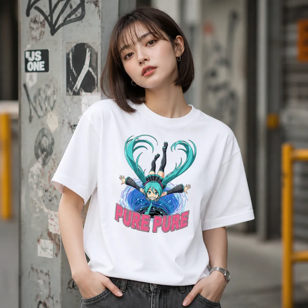 Model wearing Rabbit Hole Pure Pure Miku Meme T-Shirt T-Shirts in White