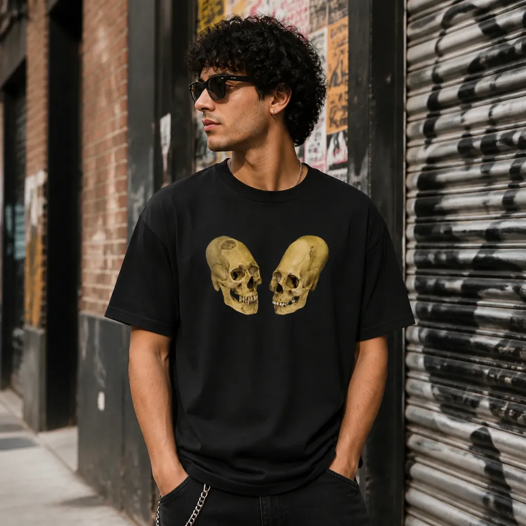 Model wearing Expanding Skull Meme Tee T-Shirts in Black