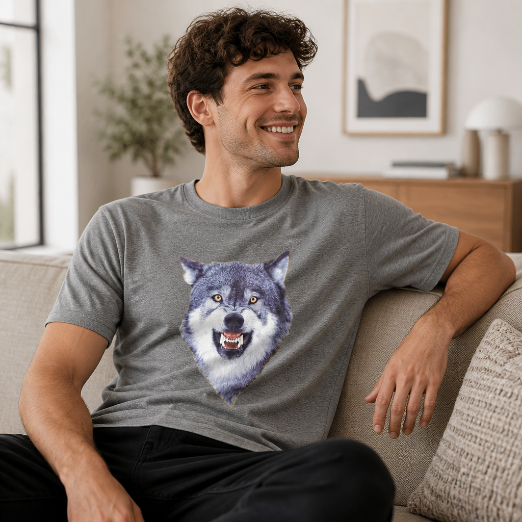 Model wearing Courage Wolf Meme T-Shirt: Be Fearless! T-Shirts in Black