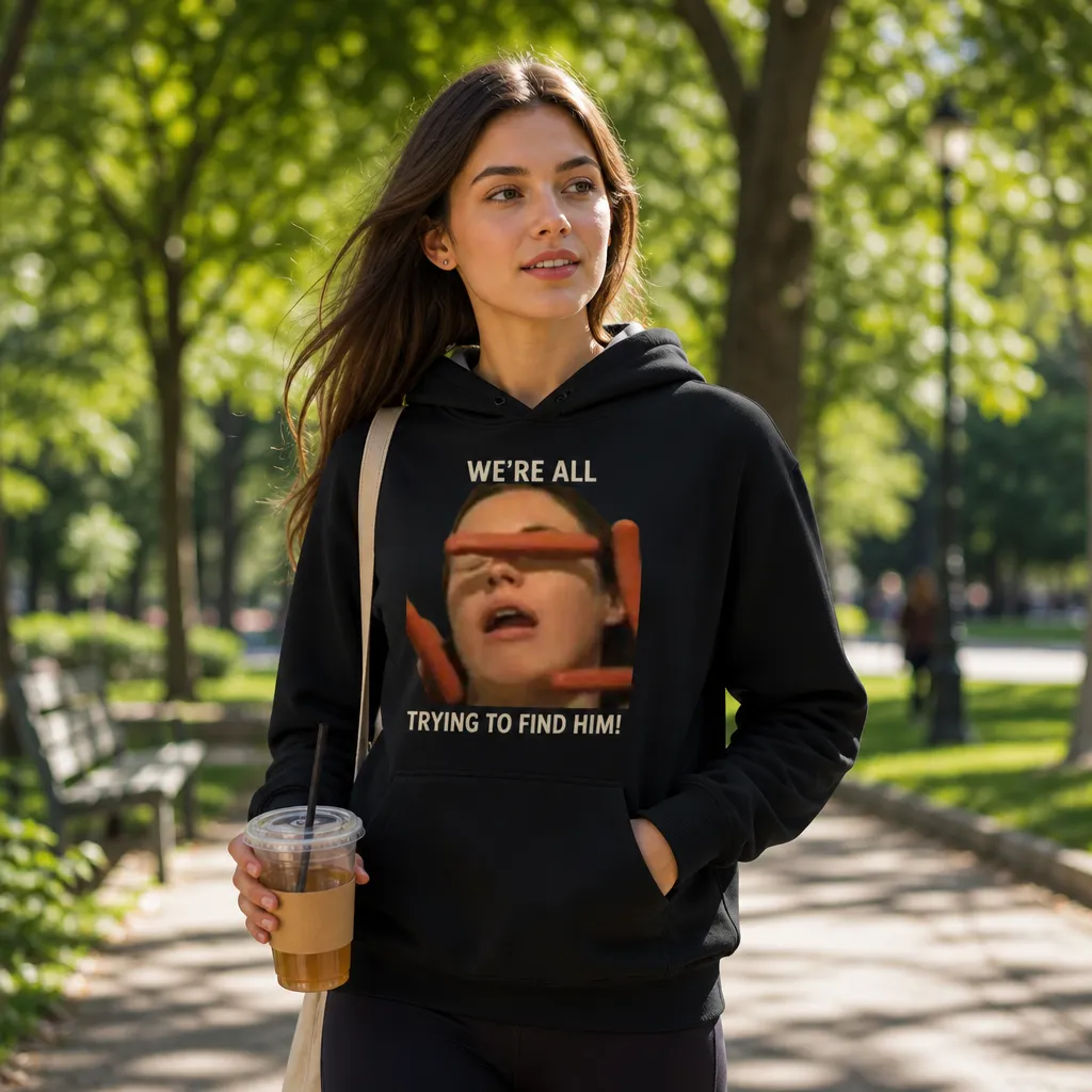 Model wearing Hot Dog Girl Meme: We're All Trying To Find Him! Hoodies in White