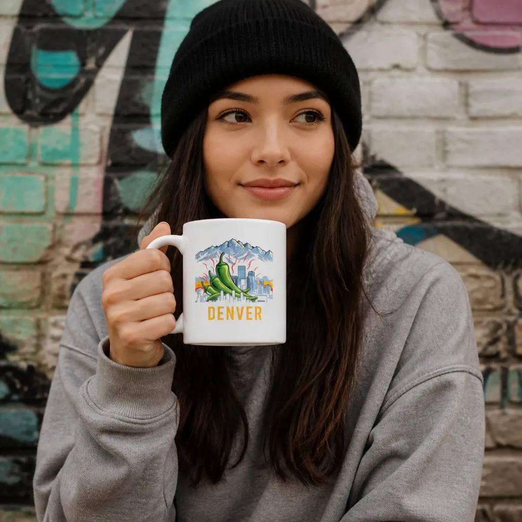 Model wearing Denver Green Chili Rockies Meme Mug Mugs in White