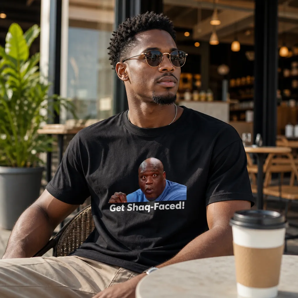 Model wearing Surprised Shaq Meme Tee - Get Shaq-Faced! T-Shirts in Red