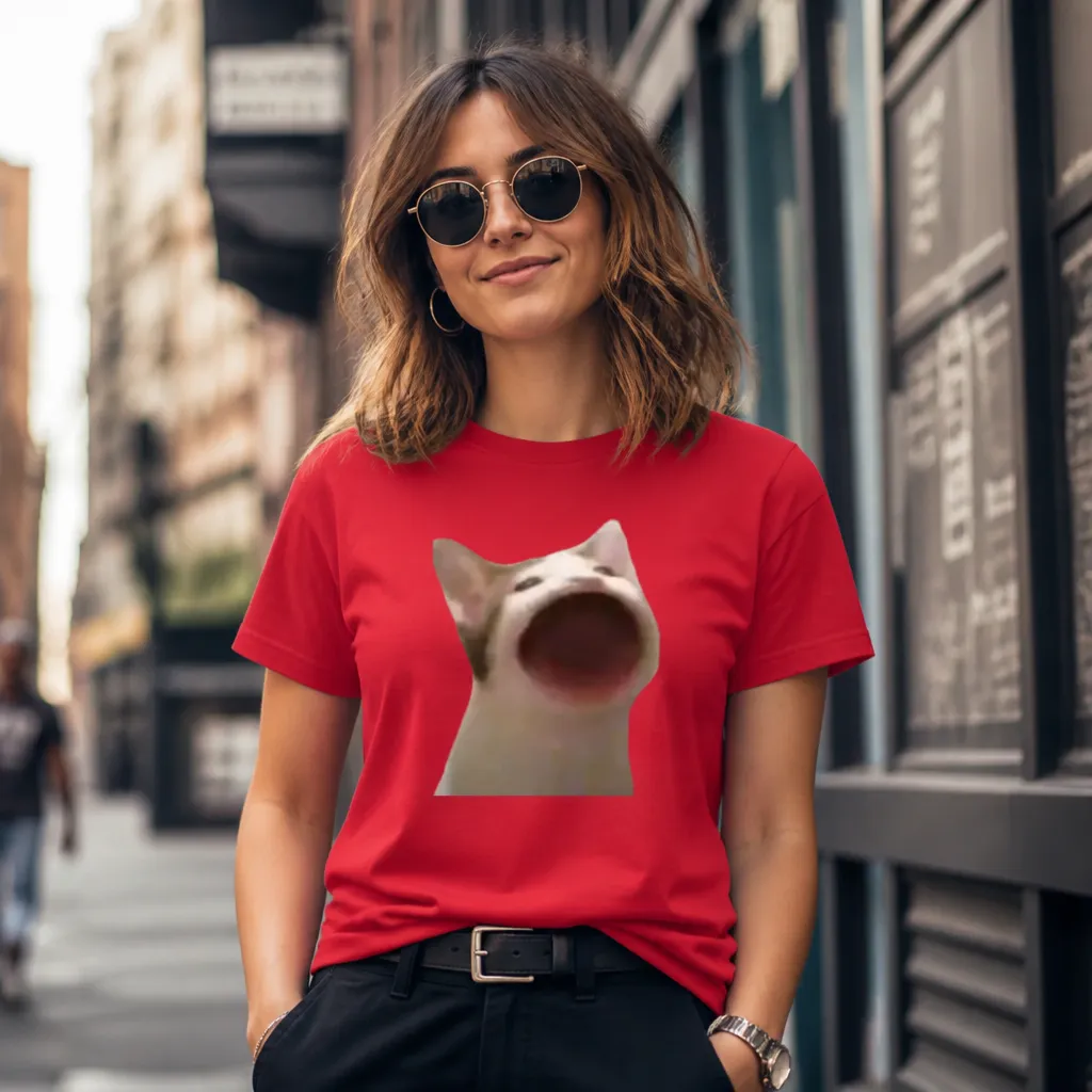 Model wearing Popcat: Iconic Meme Tee - Pawsitively Purrfect! T-Shirts in Black