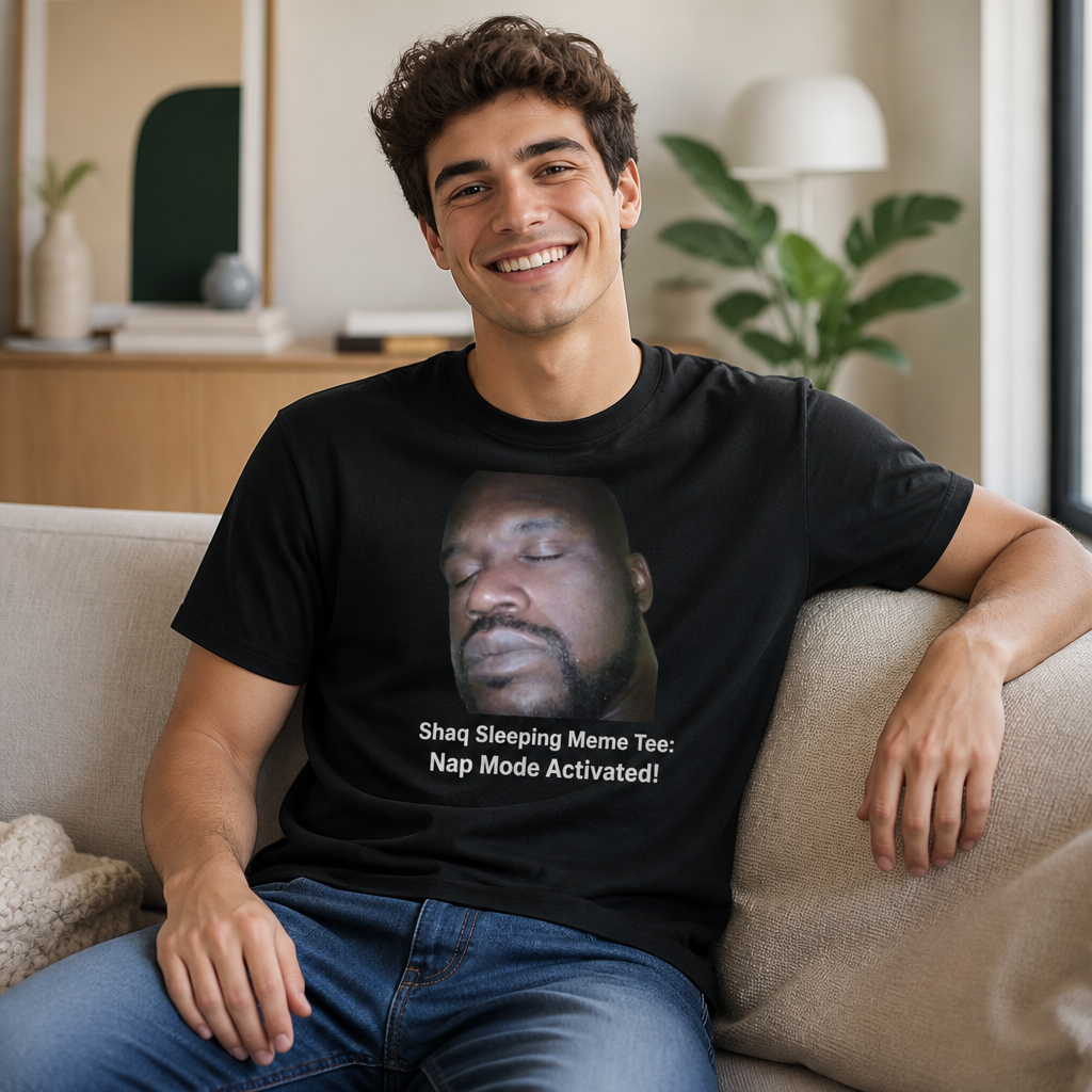 Model wearing Shaq Sleeping Meme Tee: Nap Mode Activated! T-Shirts in White