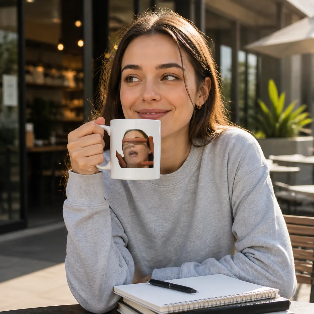Model wearing Hot Dog Girl Meme Mug - ITYSL Fan Gift Mugs in White