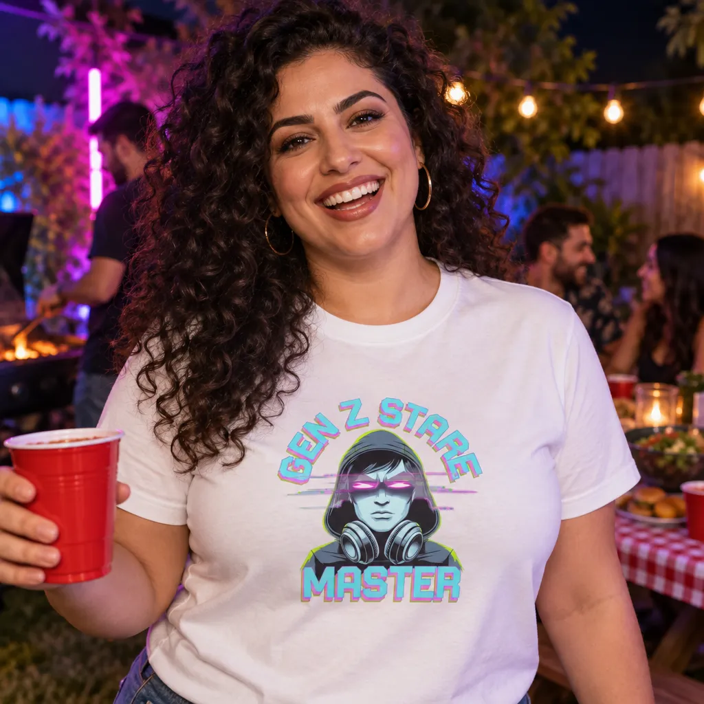 Model wearing Gen Z Stare Master Graphic Tee T-Shirts in White