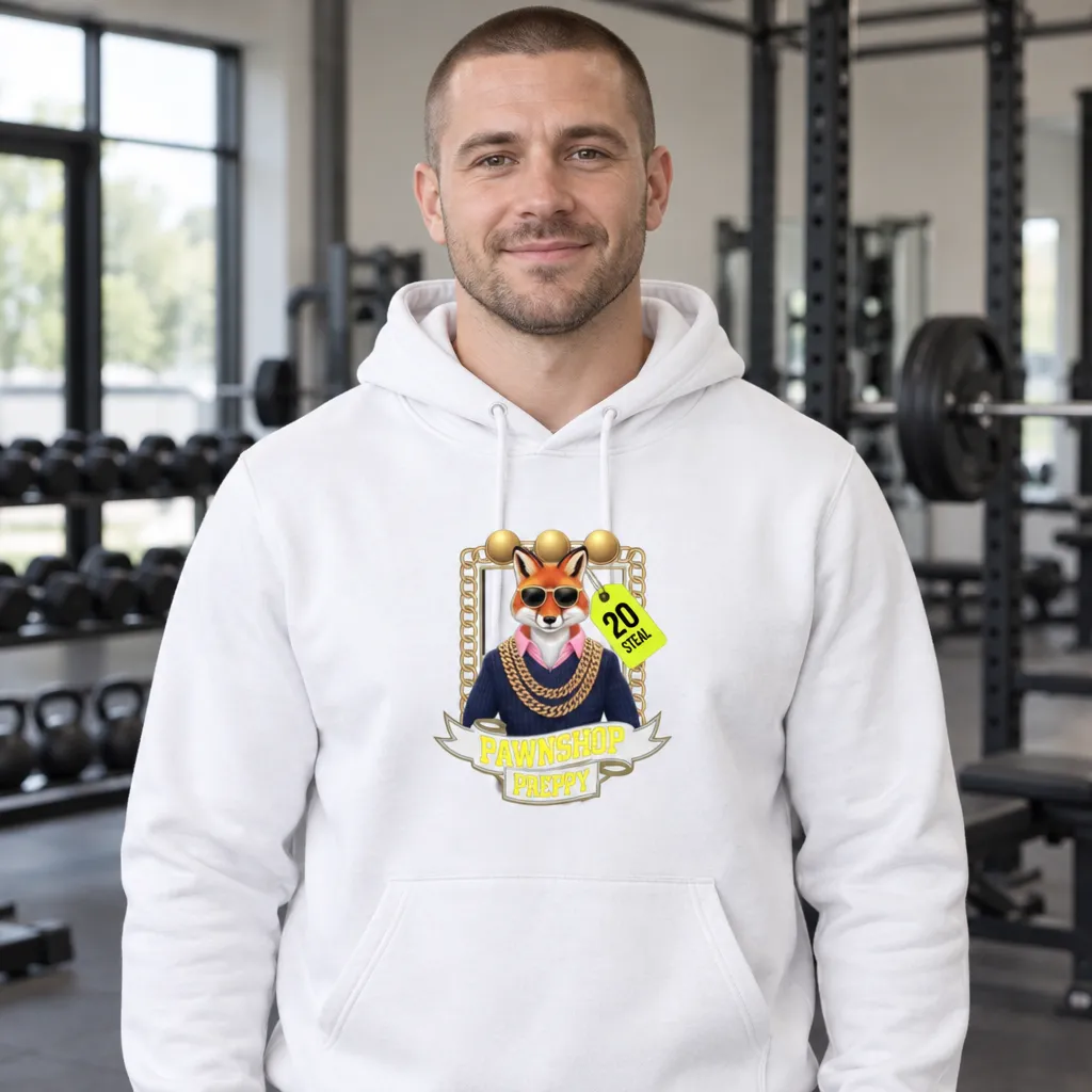Model wearing Pawnshop Preppy Luxury Meme Hoodie Hoodies in White