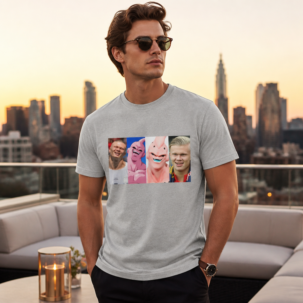 Model wearing Erling Haaland Majin Buu Meme Tee T-Shirt T-Shirts in Black