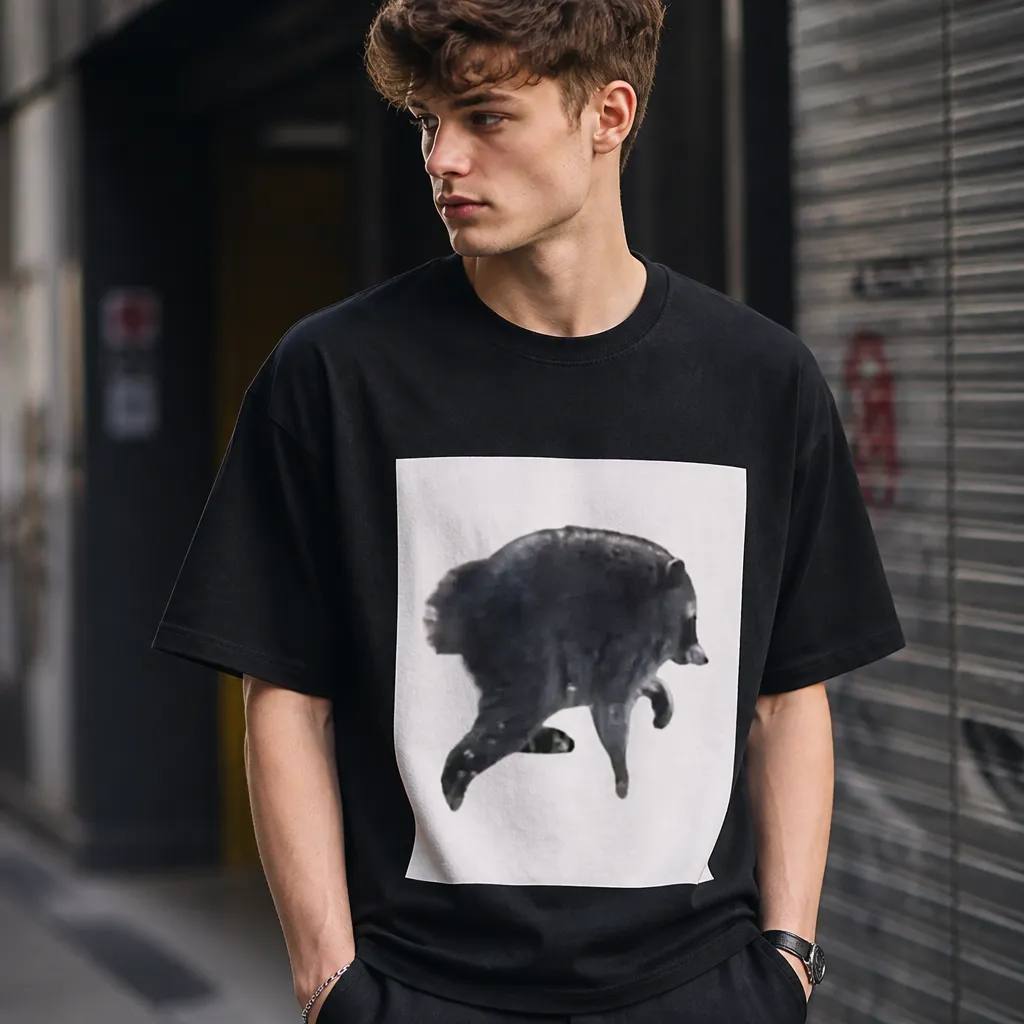 Model wearing Jimothy Raccoon Meme Poster - Viral Icon Posters in Standard