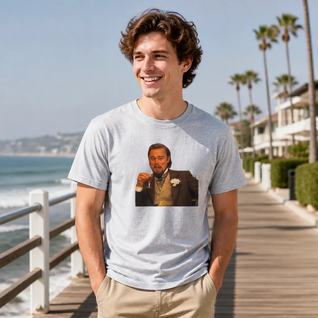 Model wearing Leonardo Laughing T-Shirt T-Shirts in White