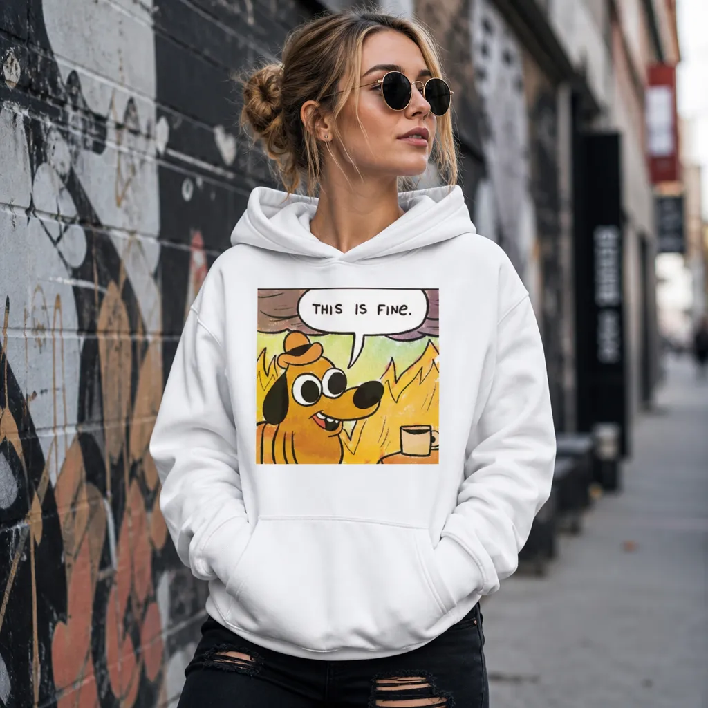 Model wearing "This is Fine" Dog Meme Hoodie | Flames 🔥 Hoodies in White