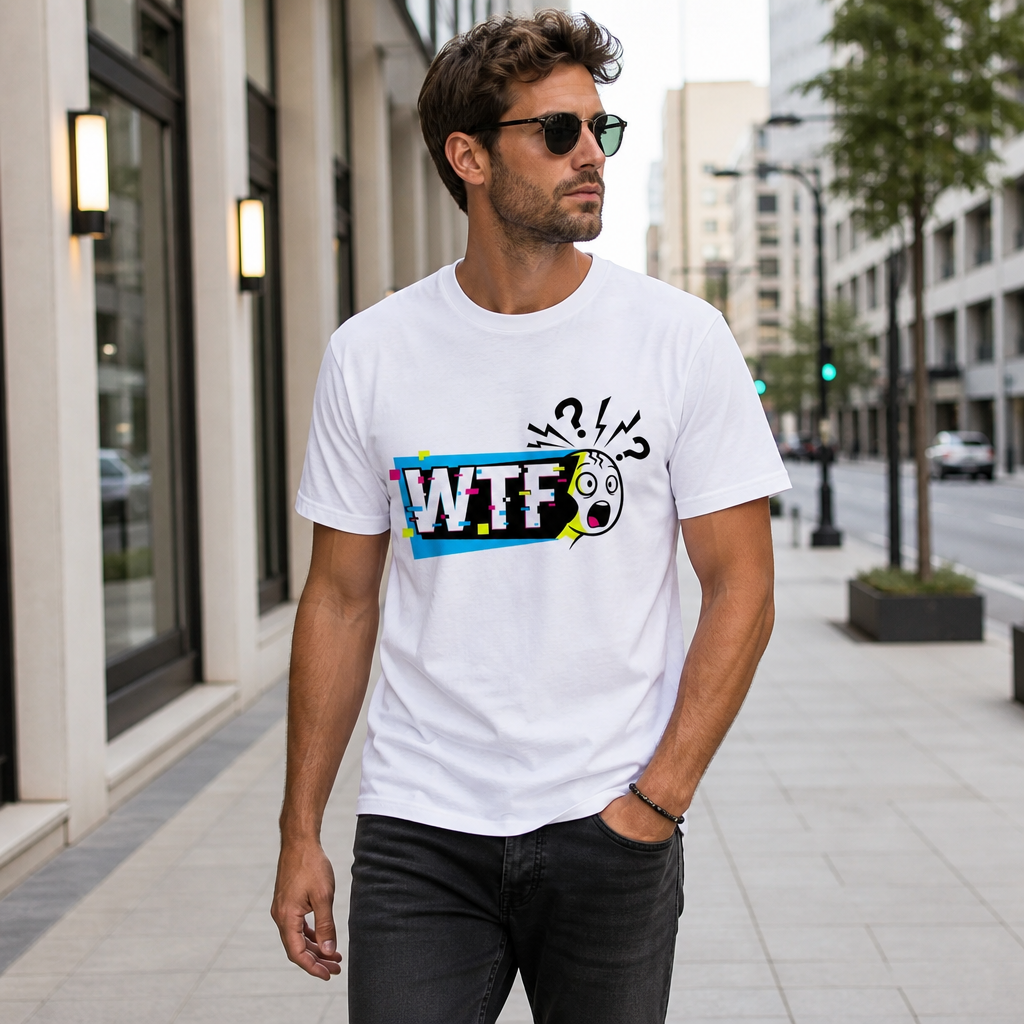 Model wearing Official WTF T-Shirt Premium T-Shirt T-Shirts in White