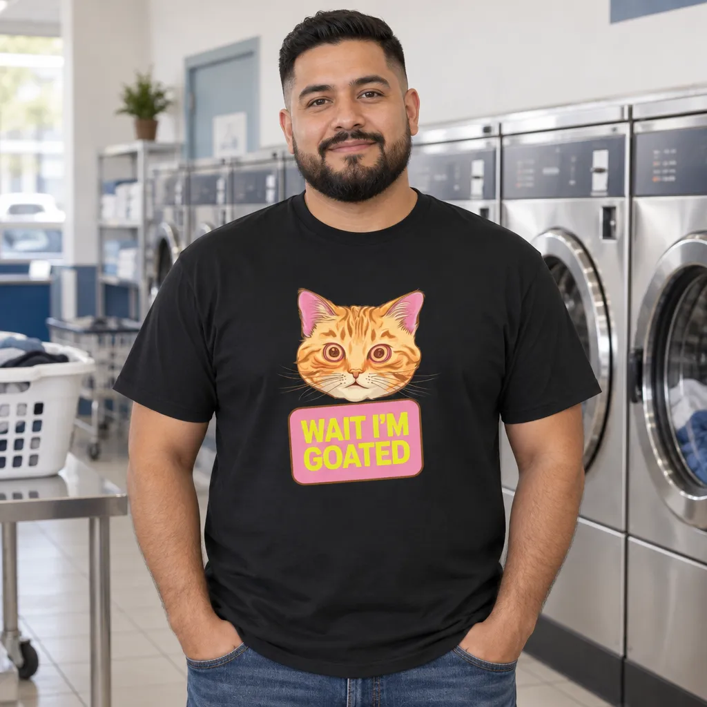 Model wearing Wait I'm Goated Funny Cat Meme T-Shirt T-Shirts in White
