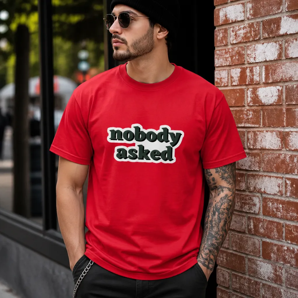 Model wearing Nobody Asked" Classic Meme T-Shirt T-Shirts in White