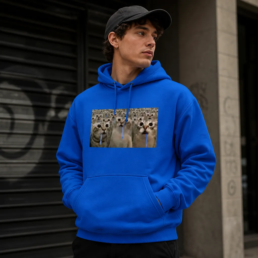 Model wearing Brain AFK Drooling Cat Hoodie Hoodies in Royal