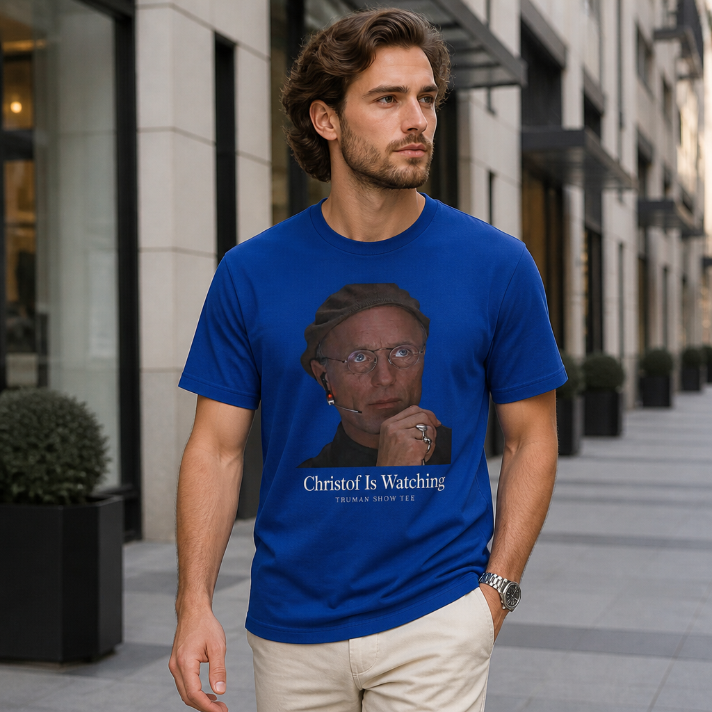 Model wearing Christof Is Watching Truman Show Tee T-Shirts in White