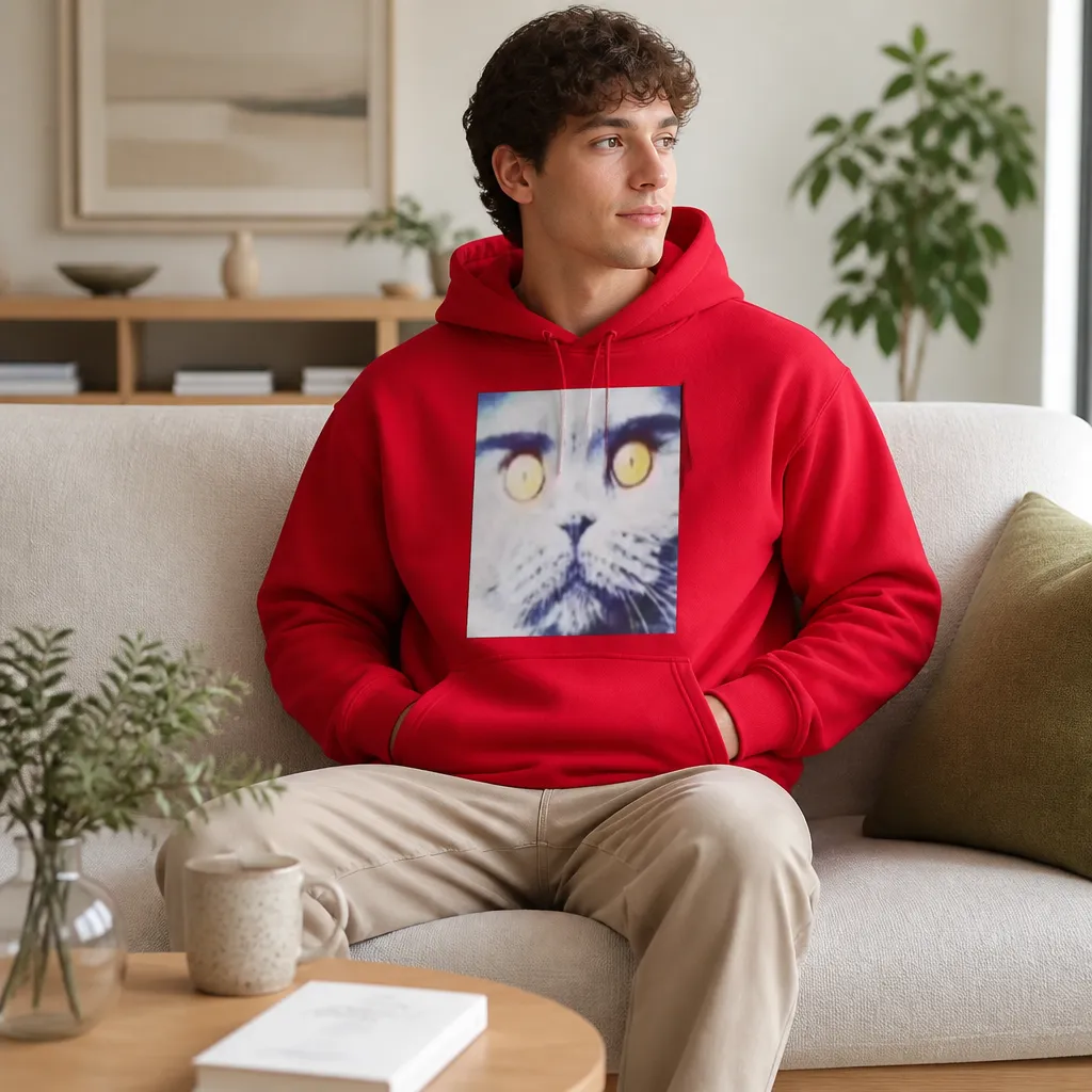 Model wearing Folk Valley Cat Hoodie - Surreal Meme Style Hoodies in White