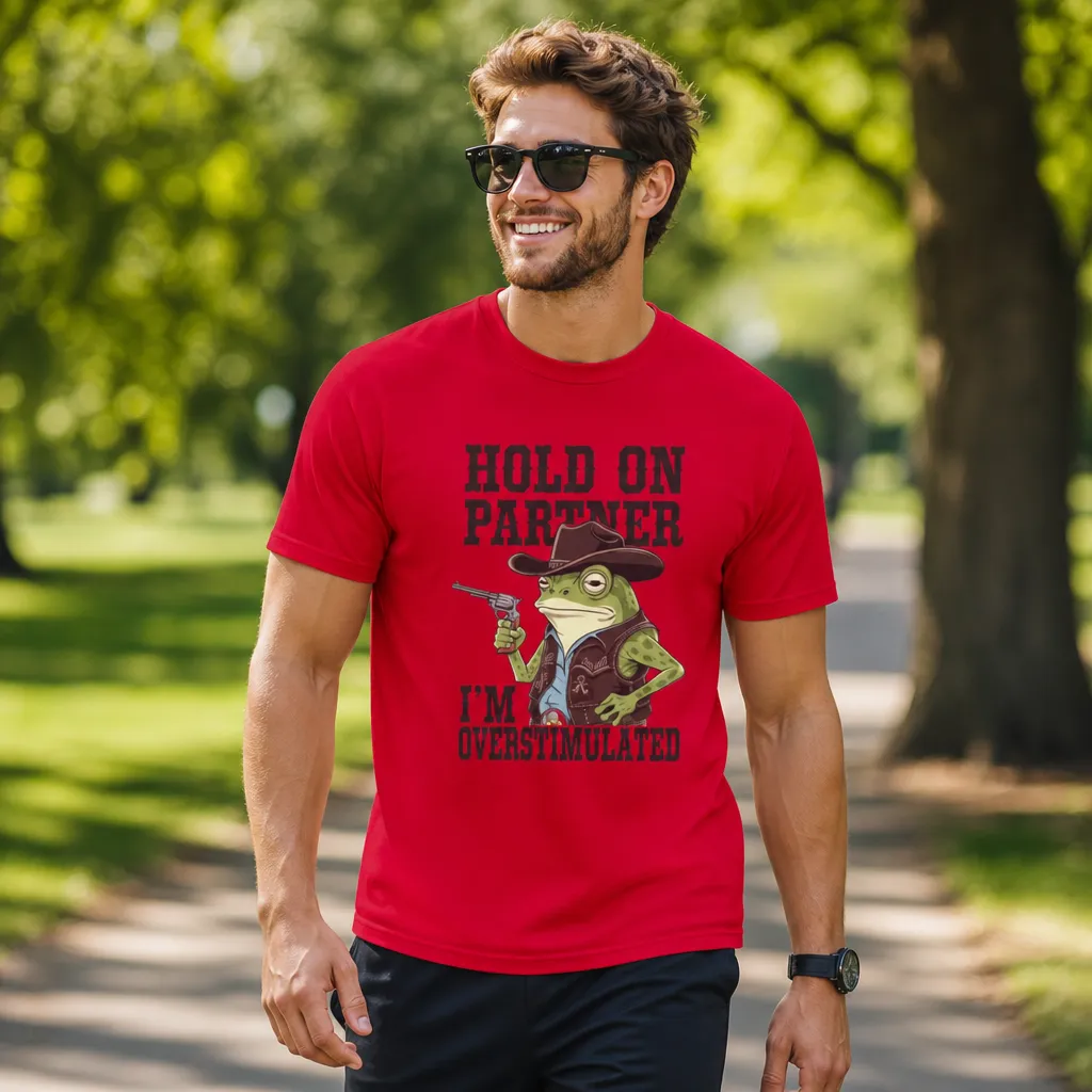 Model wearing Hold On Partner Im Overstimulated Graphic T-Shirt T-Shirts in White