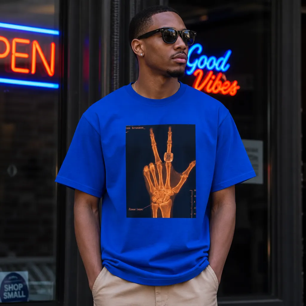 Model wearing Brunson's "Healthy" Hand X-Ray Meme Tee T-Shirts in Black