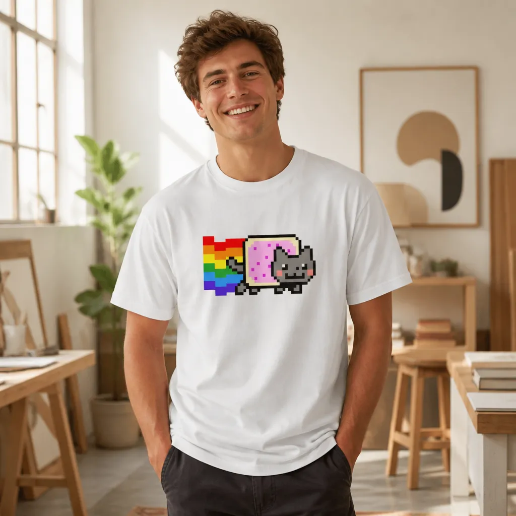 Model wearing Nyan Cat Rainbow Pop-Tart Tee T-Shirts in Black