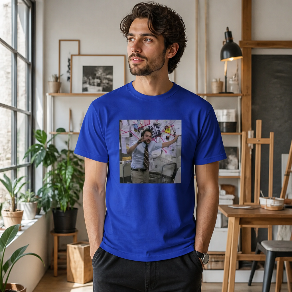 Model wearing Conspiracy Board Tee T-Shirts in Black