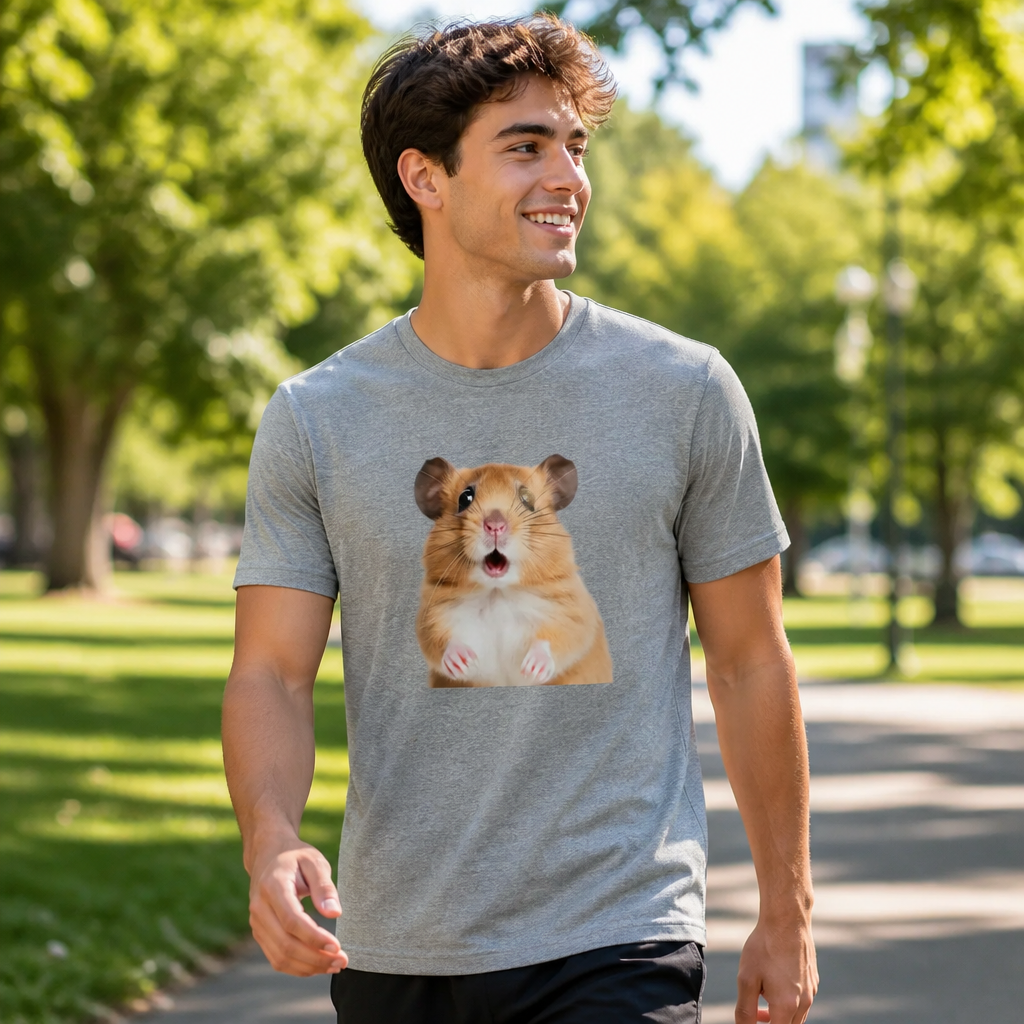 Model wearing Surprise Hamster Meme Tee T-Shirts in Black