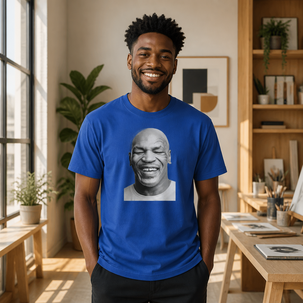 Model wearing Mike Tyson Laughing Meme T-Shirt T-Shirts in White