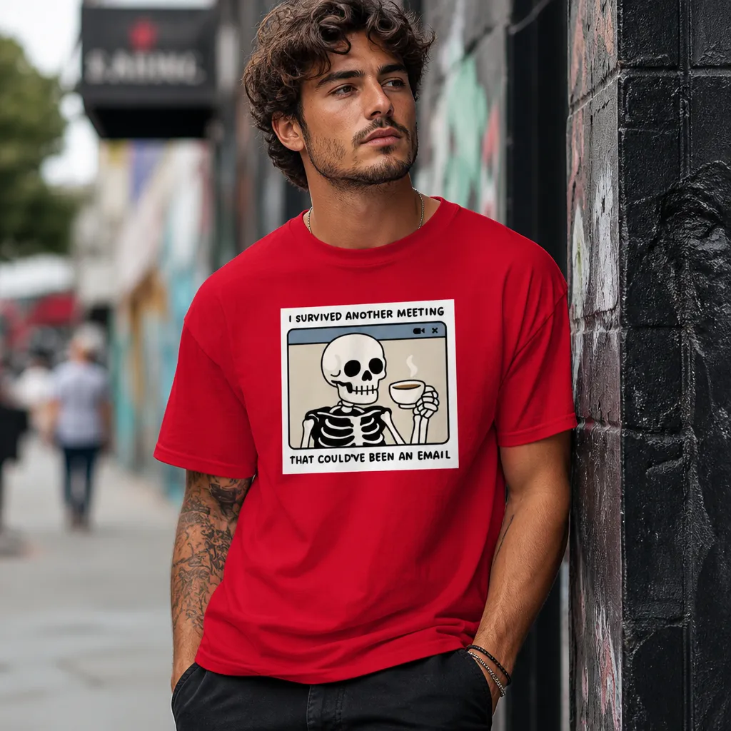 Model wearing Surviving One Meeting at a Time. T-Shirt T-Shirts in White