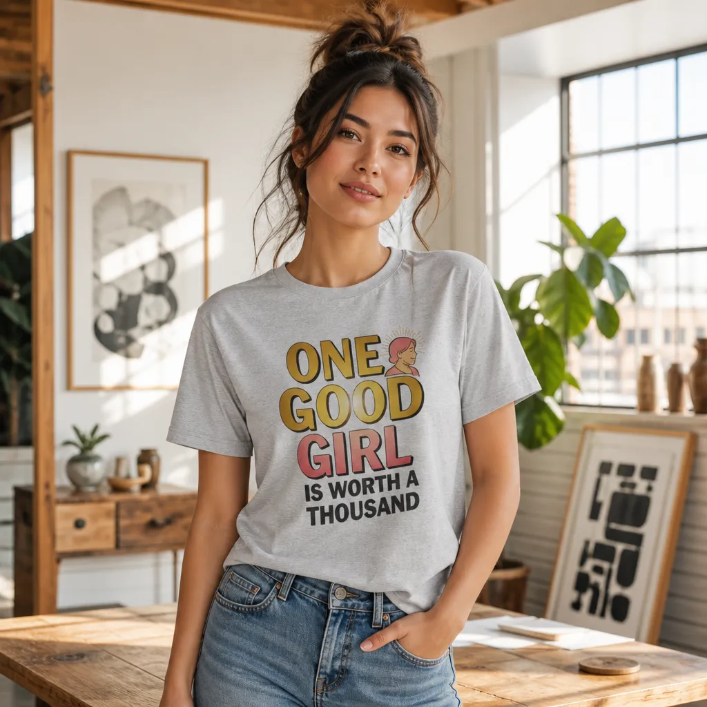 Model wearing Good Girl Worth A Thousand Tee Meme Shirt T-Shirts in White