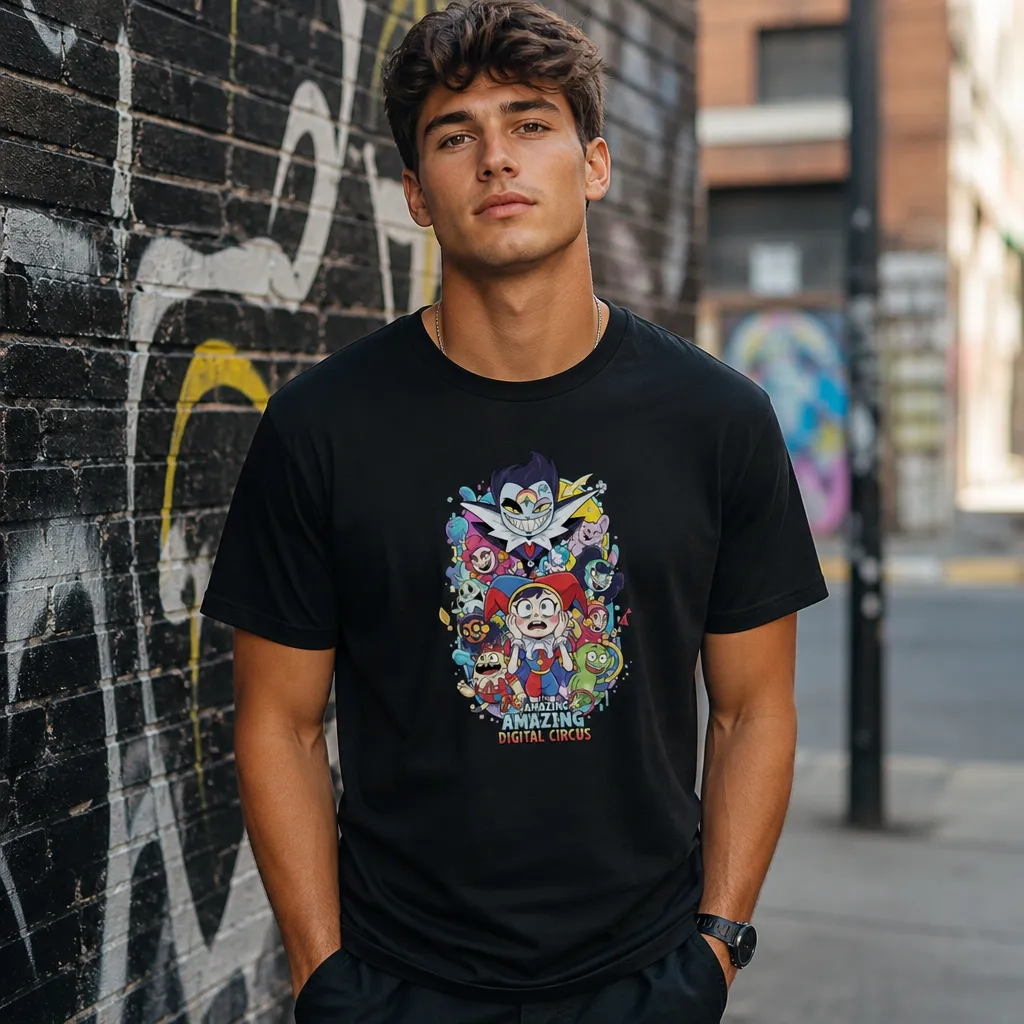 Model wearing Amazing Digital Circus Meme T-Shirt T-Shirts in White