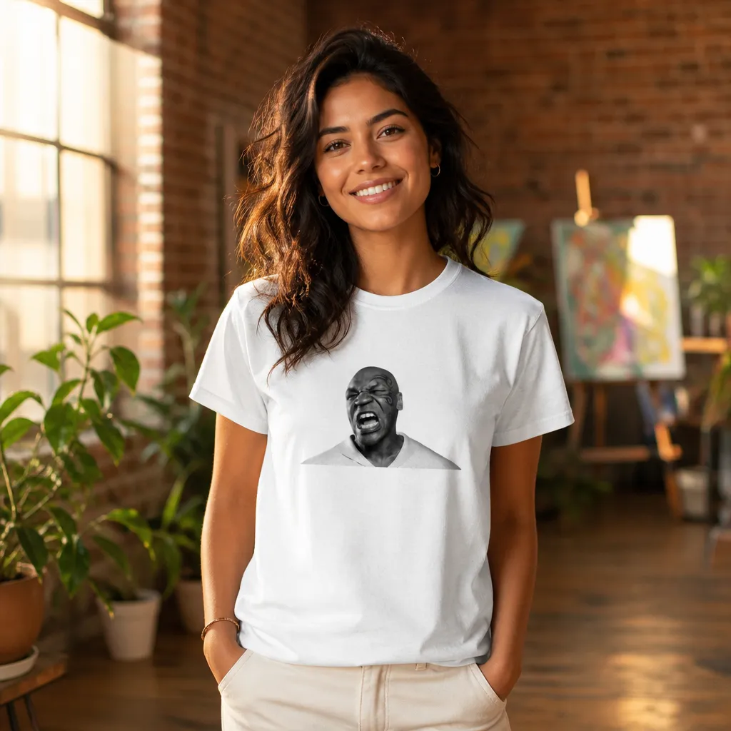 Model wearing Furious Glare Meme Tee T-Shirts in White