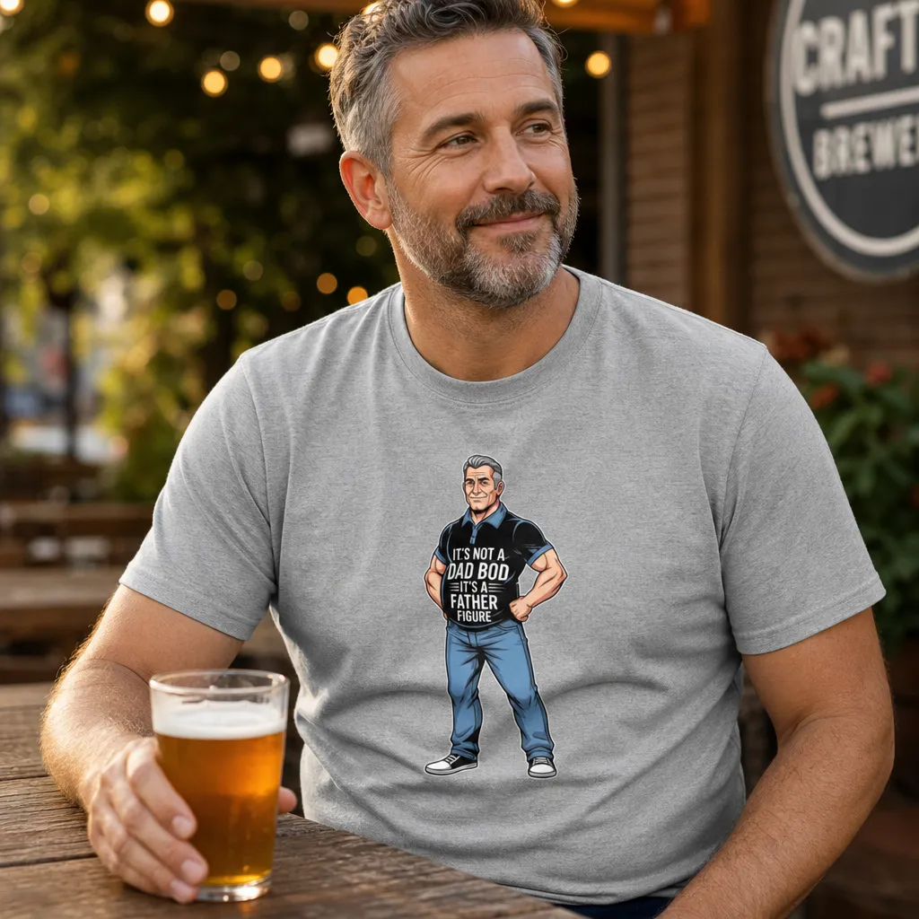 Model wearing Father Figure Dad Bod Meme T-Shirt T-Shirts in White
