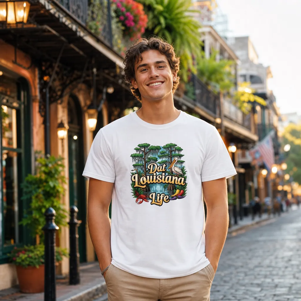 Model wearing Dat Louisiana Life Tee - Southern Vibes T-Shirts in White