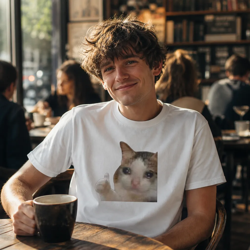 Model wearing Crying Cat Thumbs Up Meme Tee T-Shirts in White