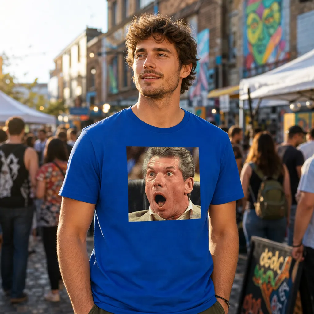 Model wearing Vince McMahon Reaction Meme Tee T-Shirts in Black