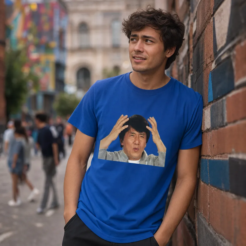Model wearing Jackie Chan WTF T-Shirt T-Shirts in Black