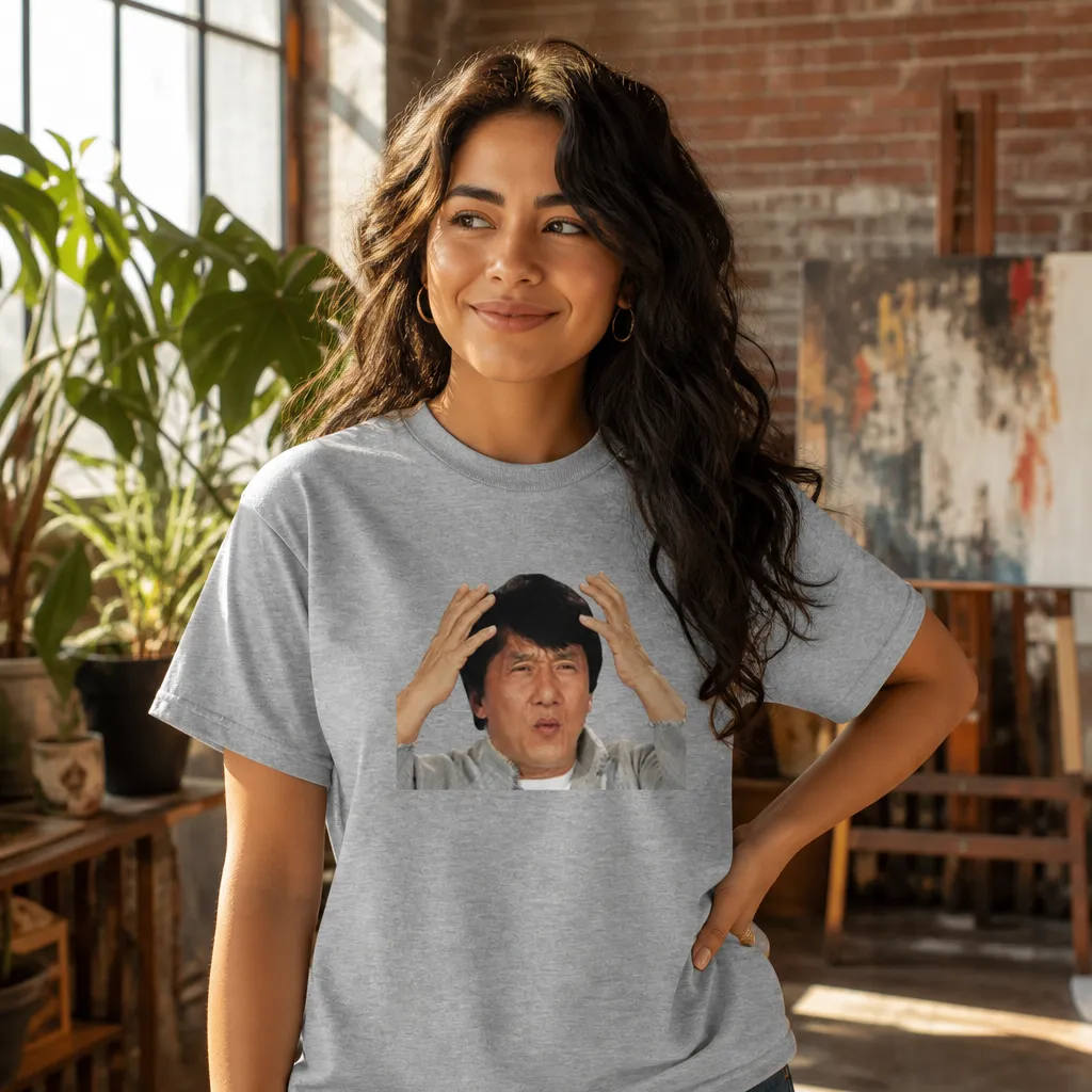 Model wearing Jackie Chan WTF T-Shirt T-Shirts in Black