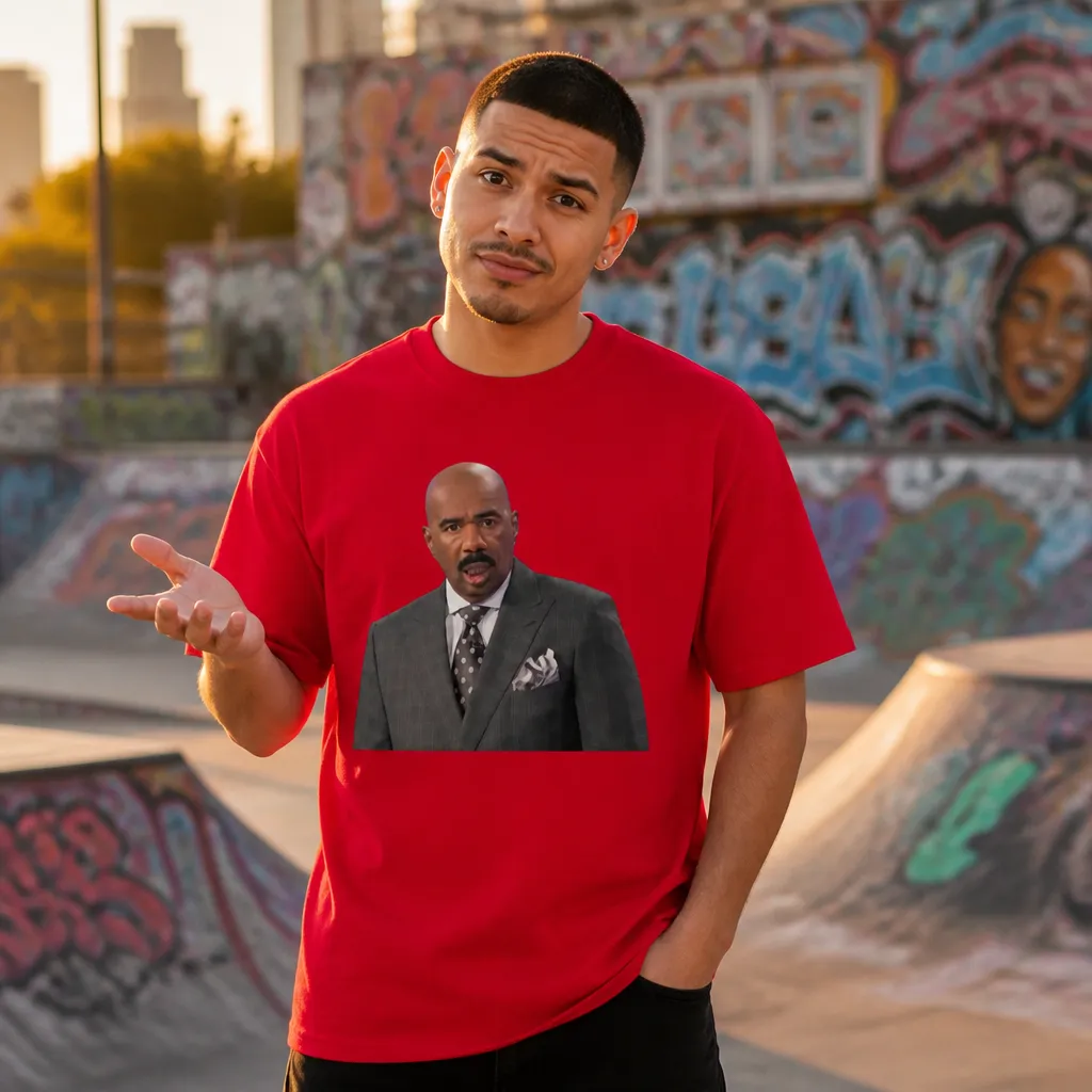 Model wearing Confused Steve Harvey Meme T-Shirt T-Shirts in Black