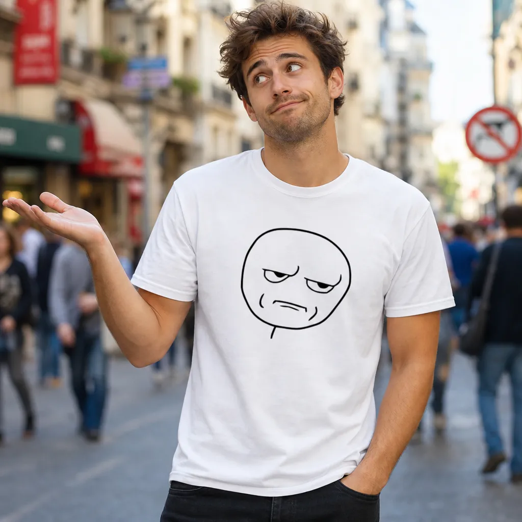 Model wearing Are You Kidding Me? Rage Face Meme Tee T-Shirts in Black