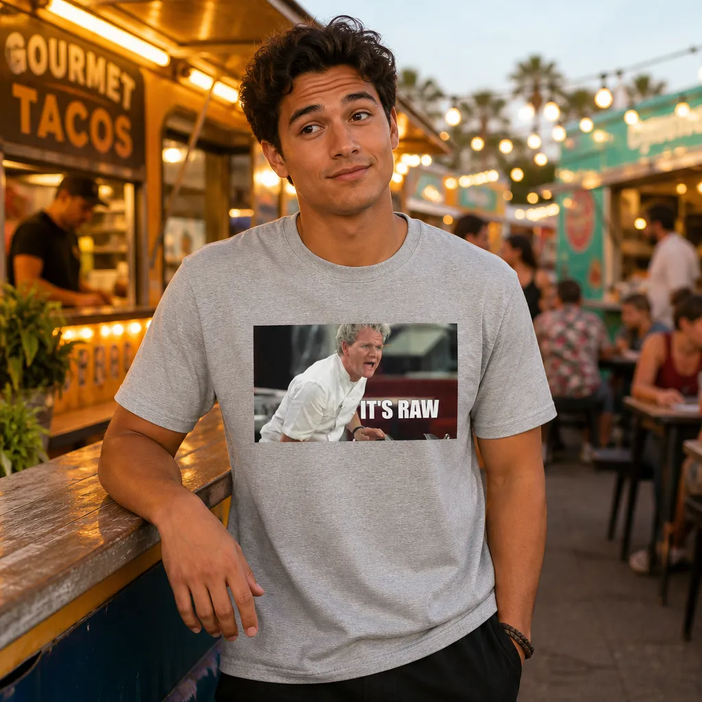 Model wearing It's RAW! Gordon Ramsay Meme Tee T-Shirts in White