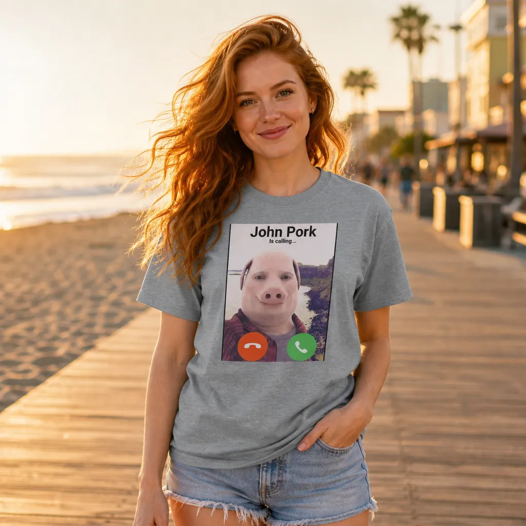 Model wearing John Pork Is Calling Meme T-Shirt T-Shirts in White