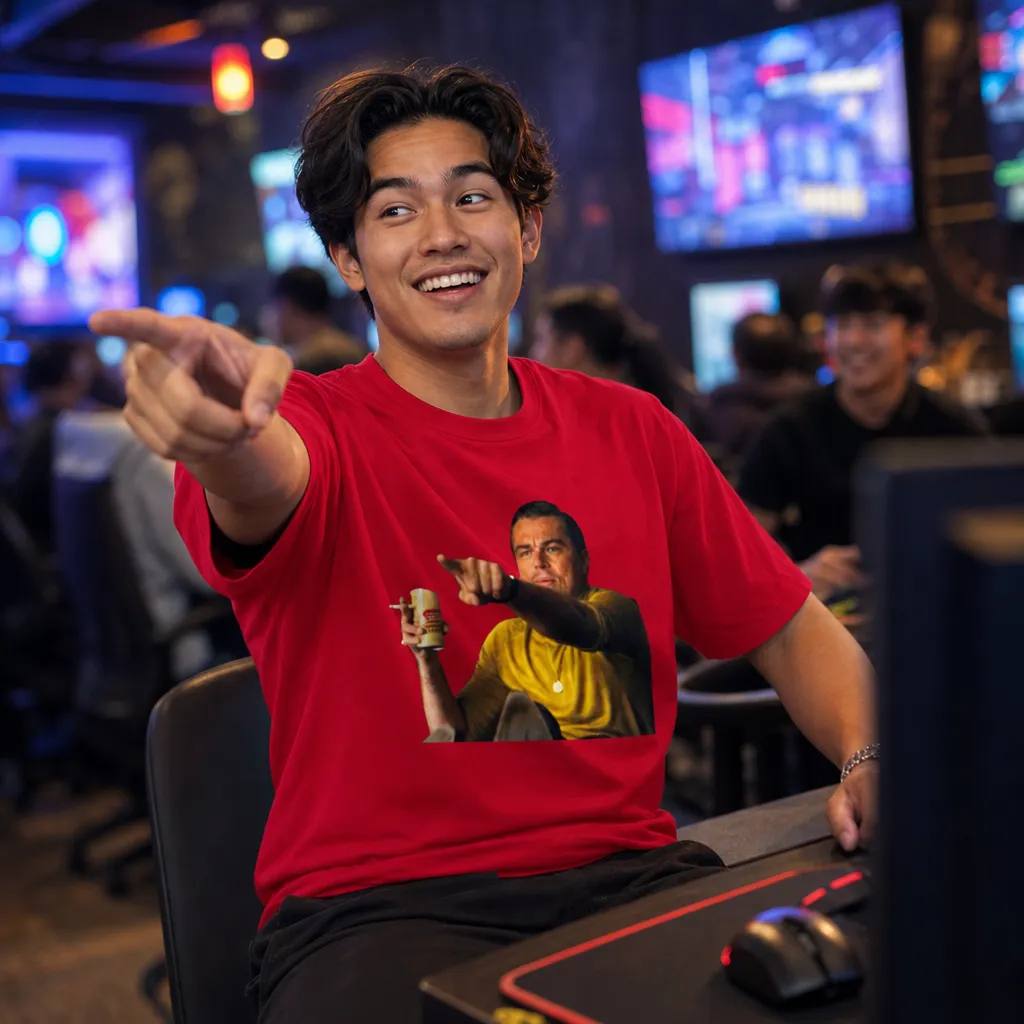 Model wearing Leo Pointing Meme Tee: Perfect Reaction Shirt T-Shirts in Black